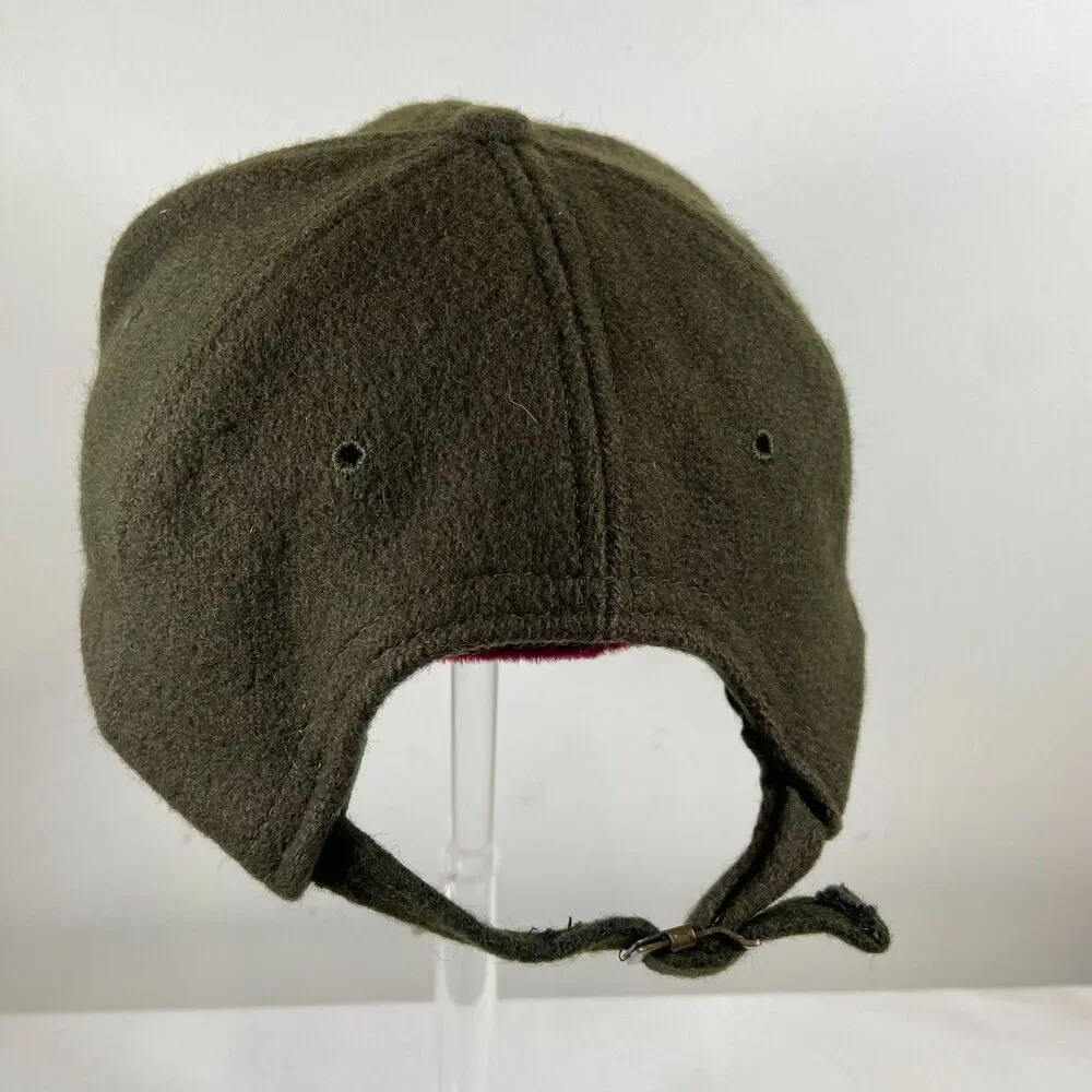 Vintage 80s J Crew Wool Hat Olive Green Ear Flaps USA Made ACTWU Union Cap OSFA